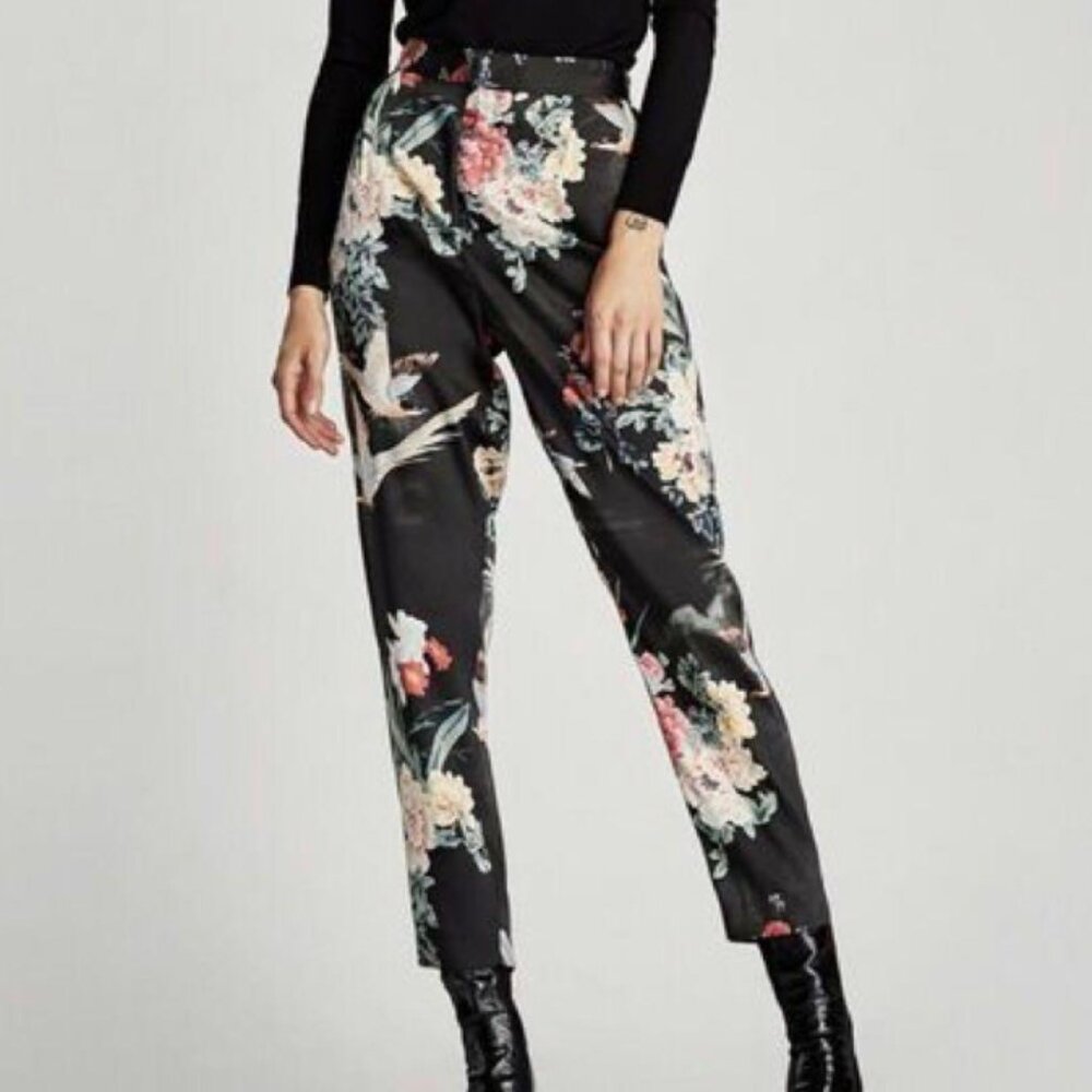 Zara Black Satin Floral Bird Trousers